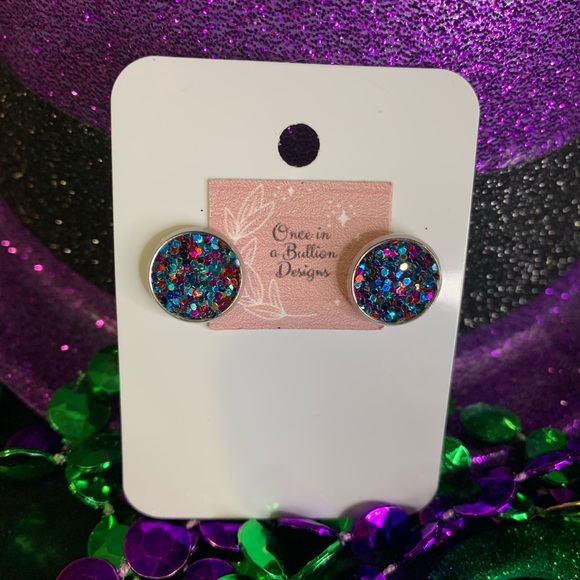 Mardi Gras Inspired faux leather glitter studs with stainless post - Picture 4 of 4